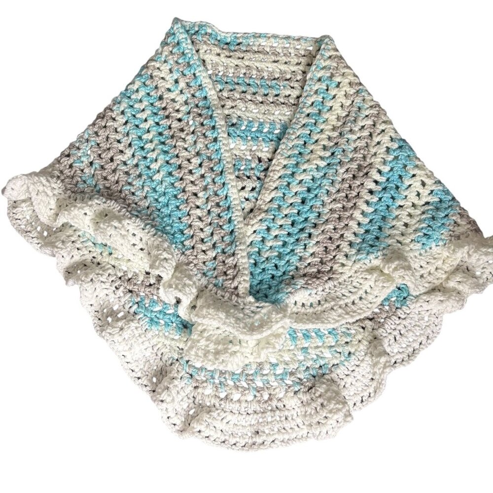 Handmade Blue Grey White Crochet Knit Shawl Wrap With Ruffled Edges Soft NEW
